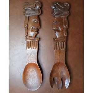 Vintage Mid-century Modern Large Fork Spoon Wooden Wall Art Tiki Totem 13' #1309
